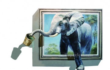  Drinking Oil Painting - drinking elephant out of frame 3D